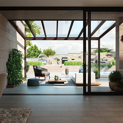Aussicht vom Wohnzimmer auf den Garten mit Terrasse und Glasdach