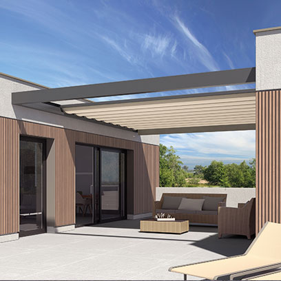 Design Terrasse mit Faltmarkise zwischen zwei Wohnhäuser