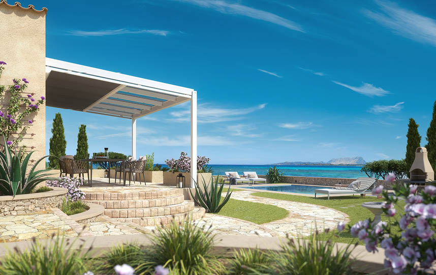 Haus am Strand mit Pool und Glasdach mit Unterglasmarkise 