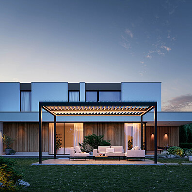 Pavillons mit Bänken unter der Beschattung