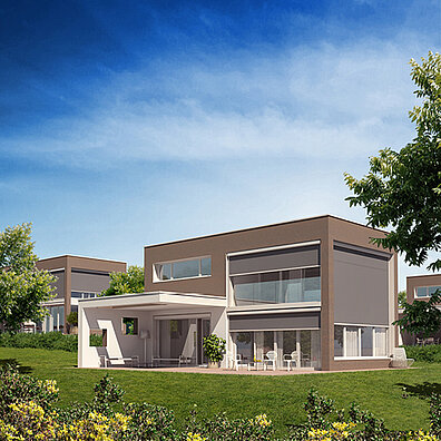 Haus mit Senkrechtmarkisen