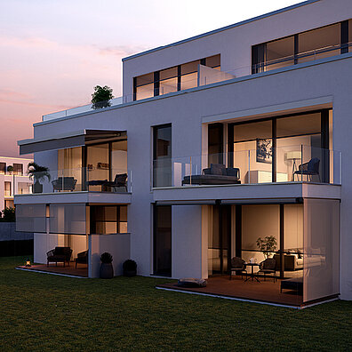 Abendbild mit Haus und Senkrechtmarkisen