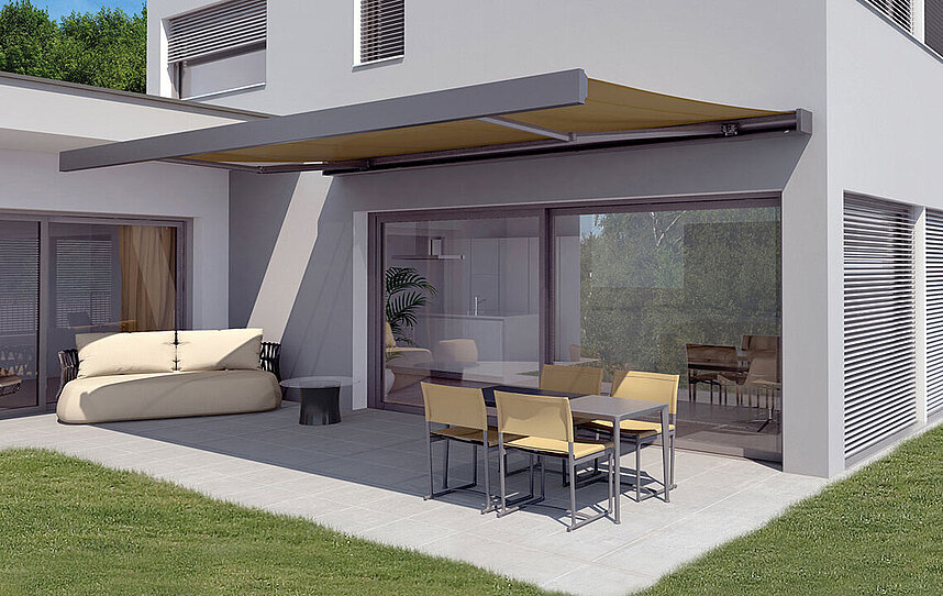 Modernes Haus mit Markise bei Tag