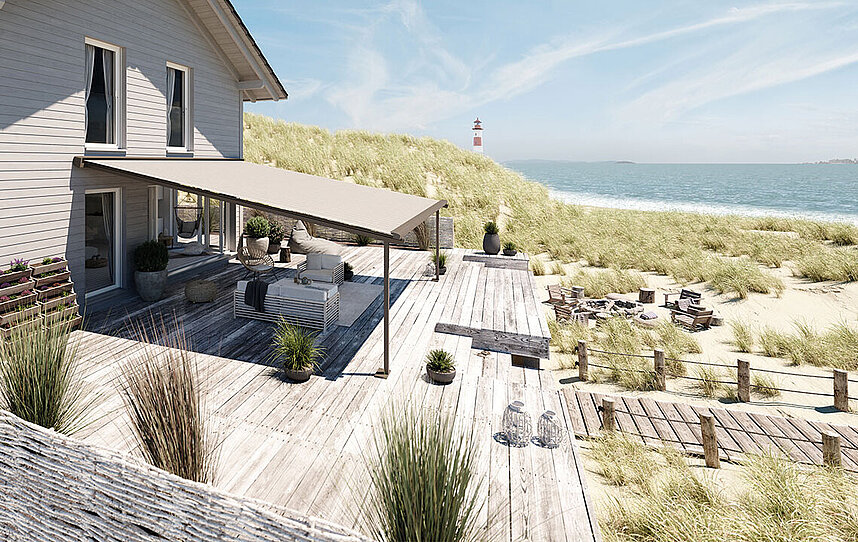 Moderne Terrasse mit Pergolamarkise und gemütlichem Sitzbereich an einem Strand