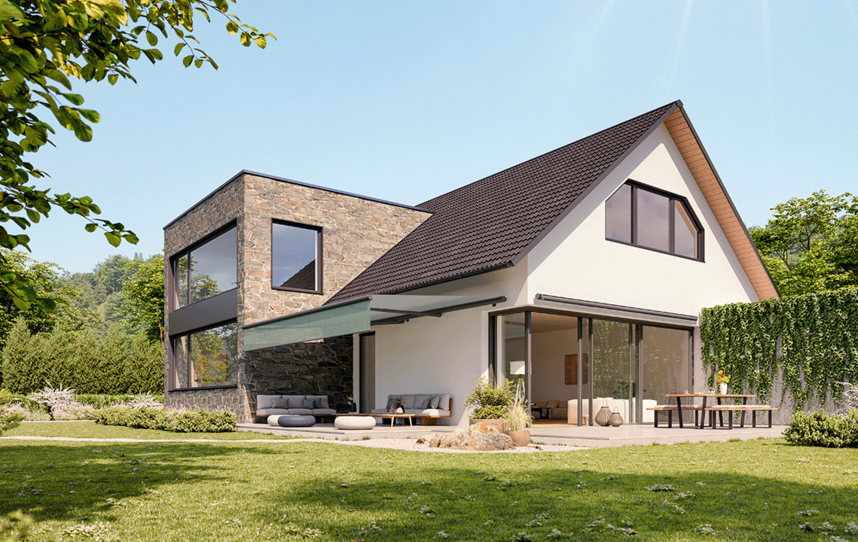 Haus mit Markise und Garten 