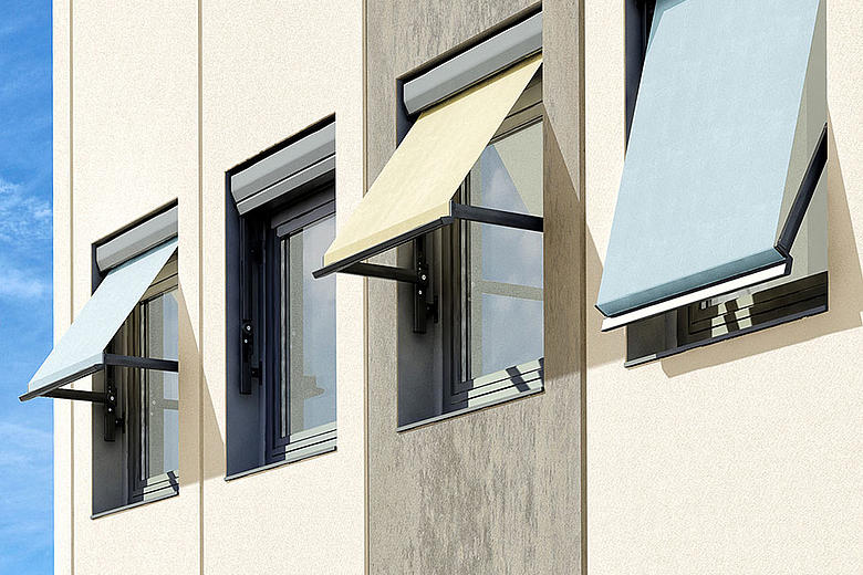 METRO-BOX FS4200-R / -E flexible Fallarmmarkise mit geringen Konstruktionsmaßen für Fensternischen, Balkone oder als Vertikalbeschattung von Wintergärten
