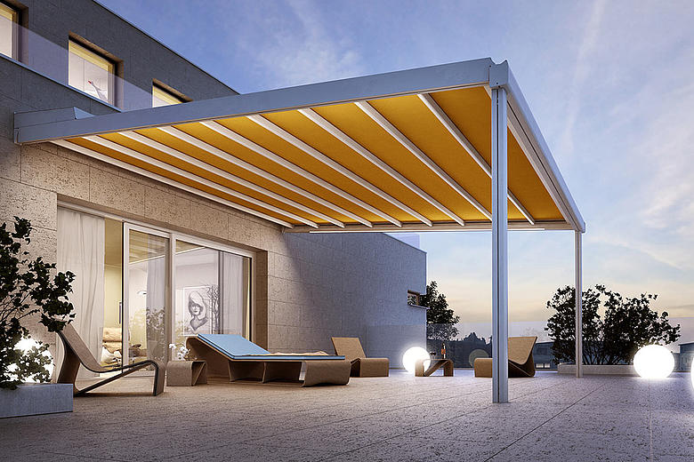 Rivera P5000 koppelbares, multifunktionales Terrassendach mit integrierter Faltmarkise und optionaler LED-Beleuchtung und Seitenverglasung 